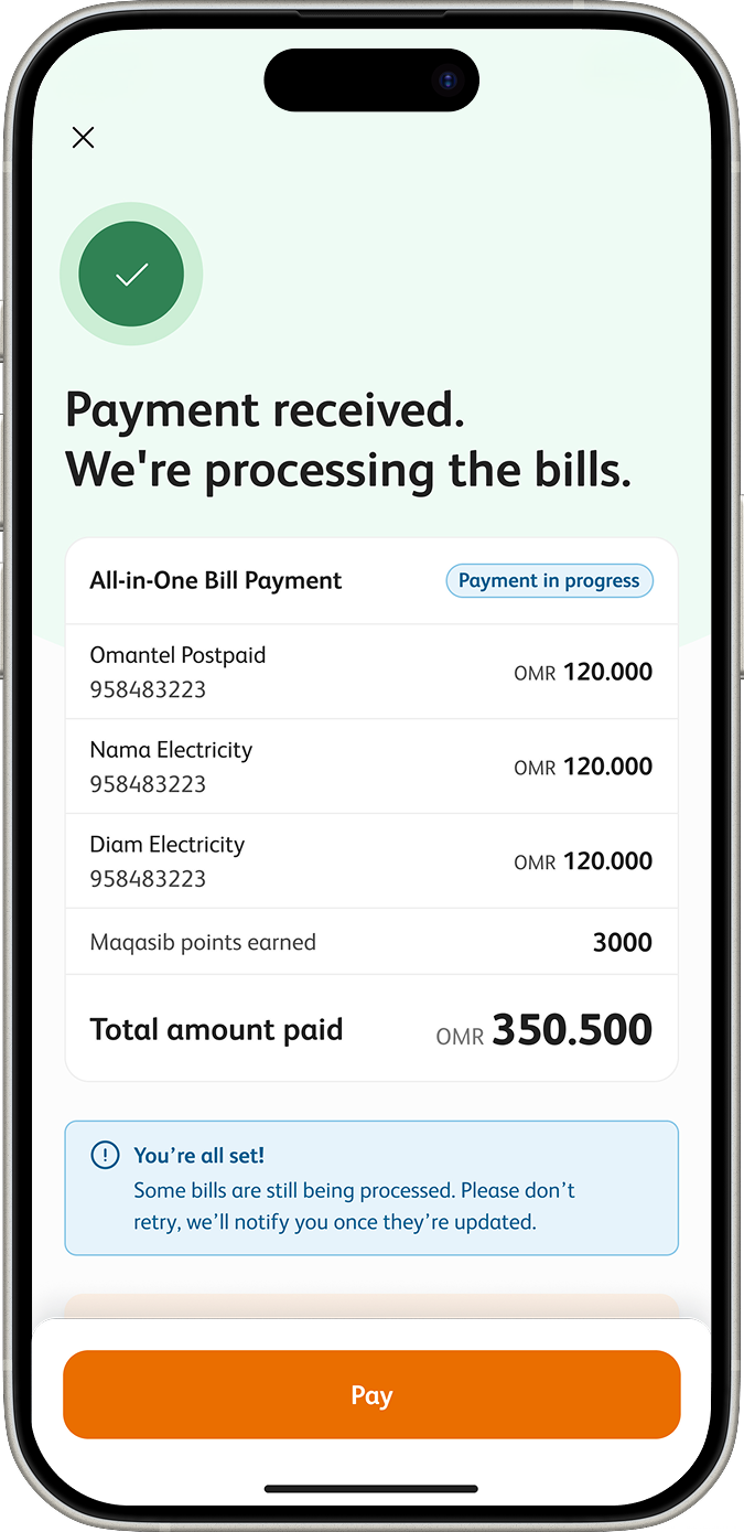 Payment received screen: each bill listed with its own status while some are still processing, above the total amount paid.